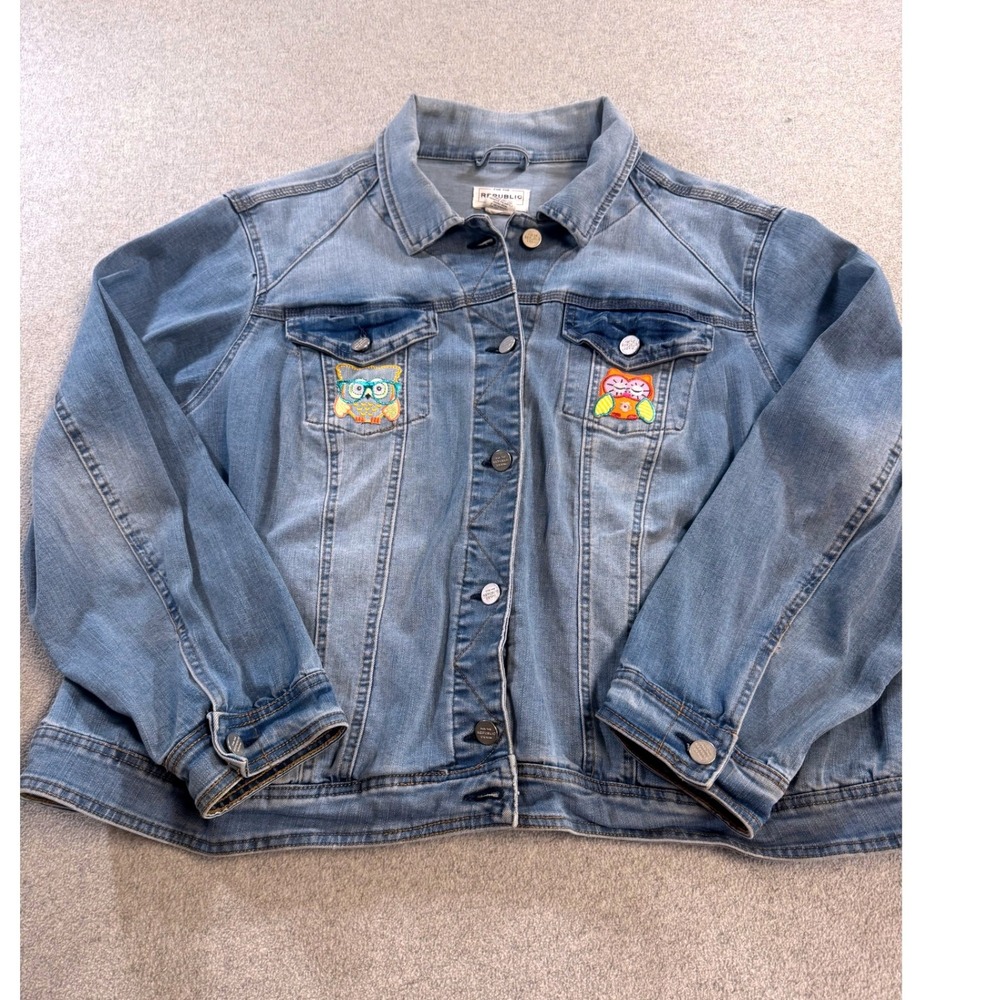 For The Republic Denim‎ Jacket Women 18W Blue Excellent Owl Embroidered Stretch